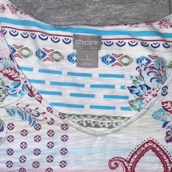 Chico's Sz 3 Scoop V-Neck 3/4 Sleeve Colorful Paisely Office Church Comfy Mature - Picture 6 of 6